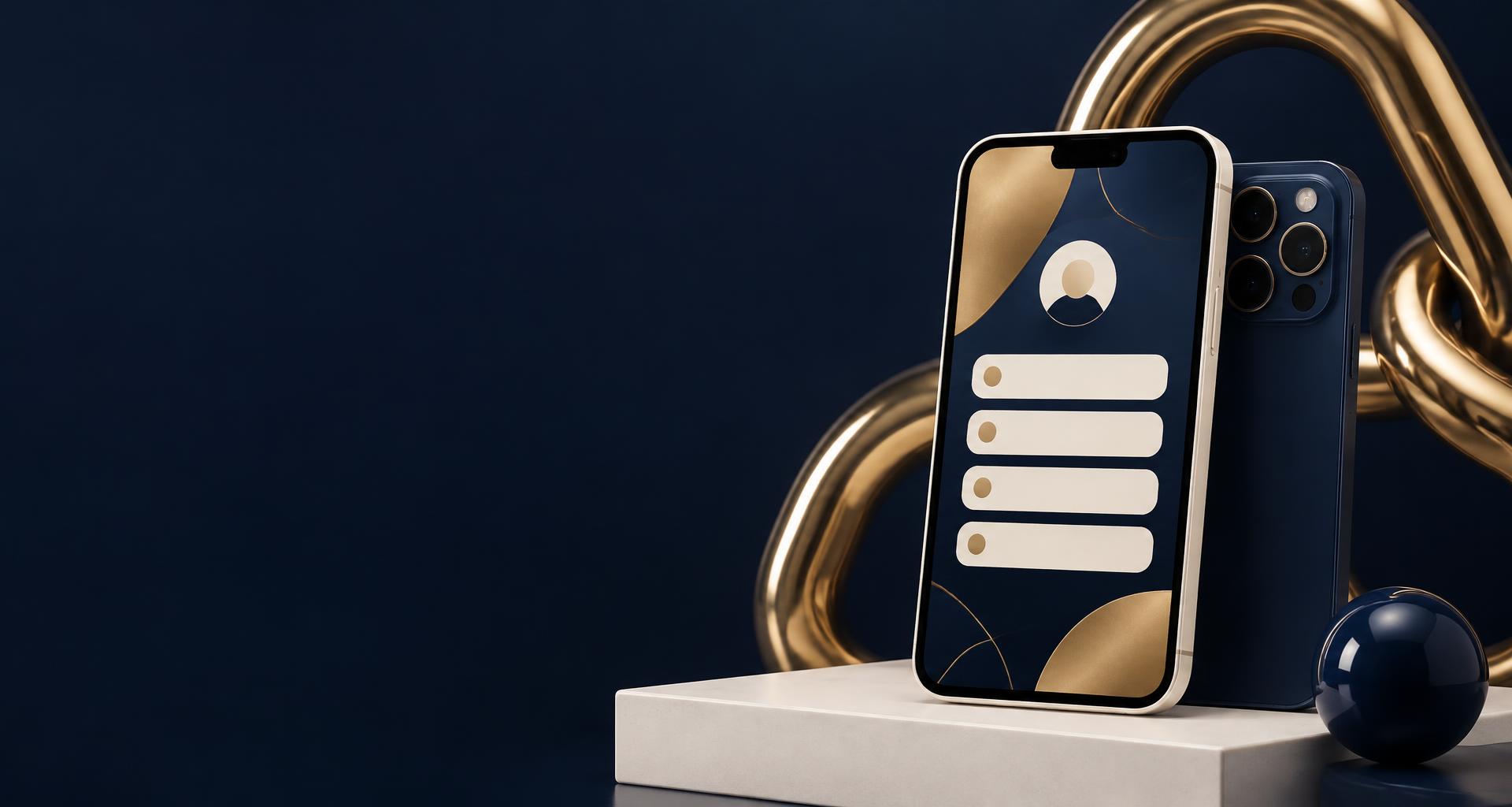 Navy and gold phones displaying a personalised link page, surrounded by sculptural golden links